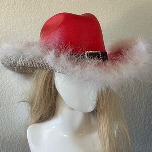 Red Feather-Trim Cowgirl Hat with Rhinestone Buckle